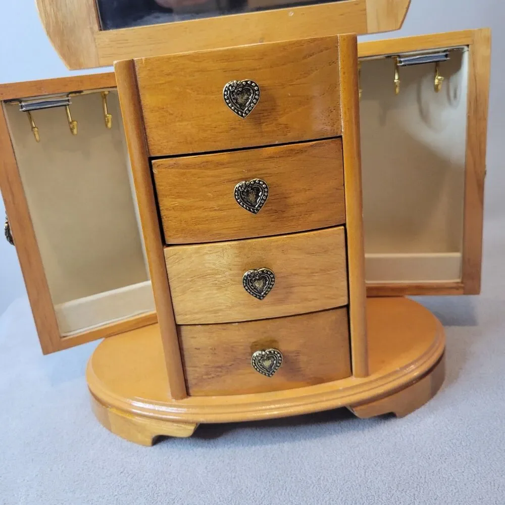 Vintage Mele Wooden Jewelry Box Armoire Heart Hardware Lining Mirror